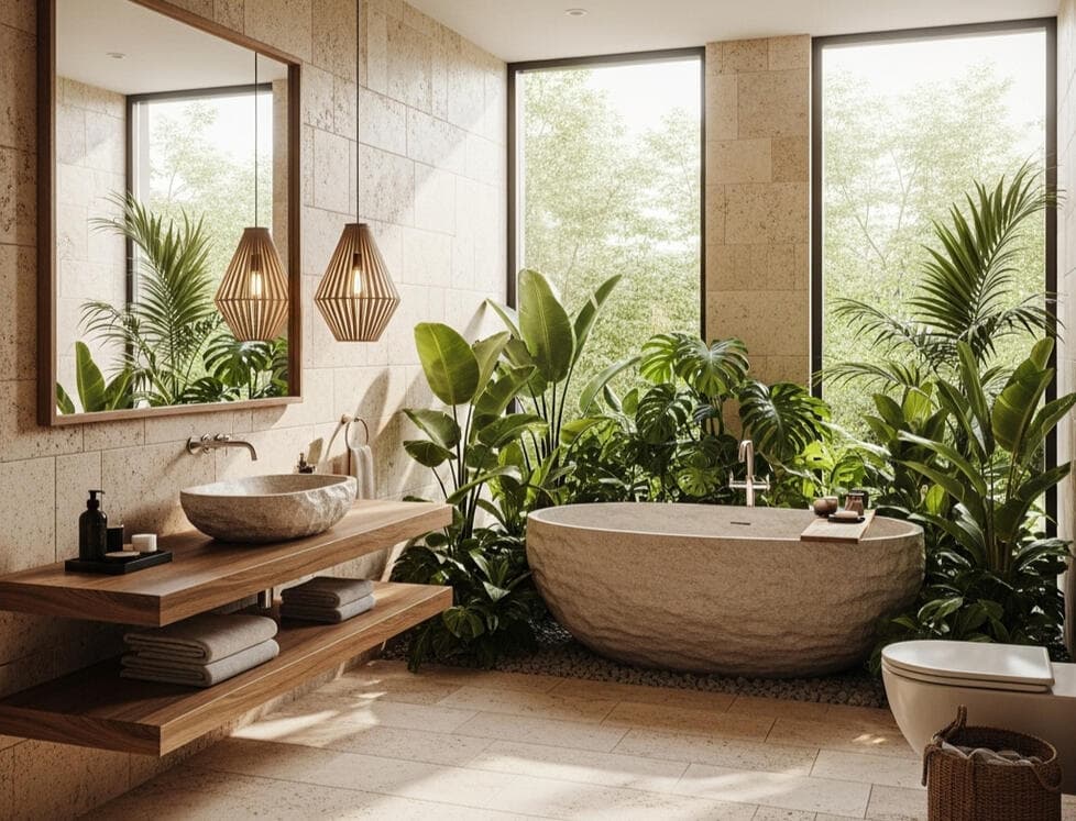 Botanical Bath interior visualization with stone, timber and filtered daylight