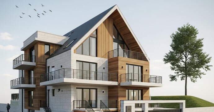 Exterior Residence architectural visualization framed by tropical landscaping